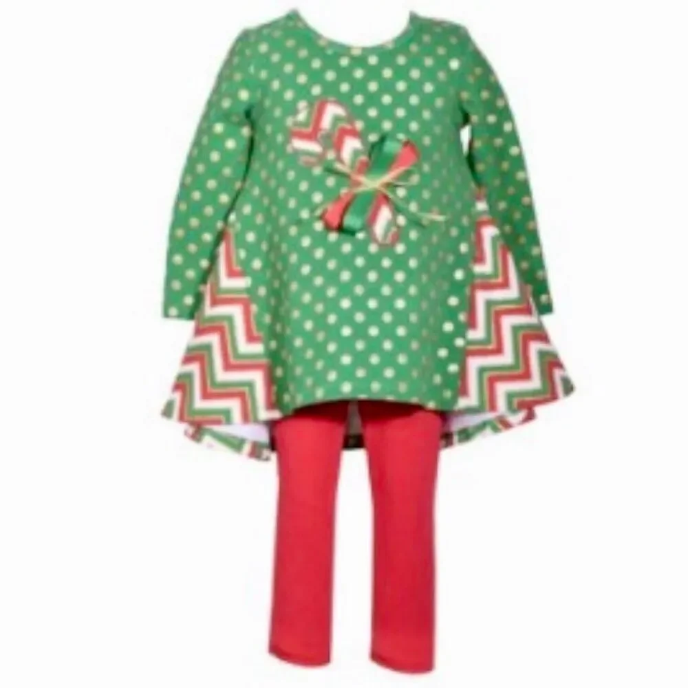 Bonnie Jean Toddler Girls Green Foil Dot Candy Cane Top/Legging Set 3T Preowned